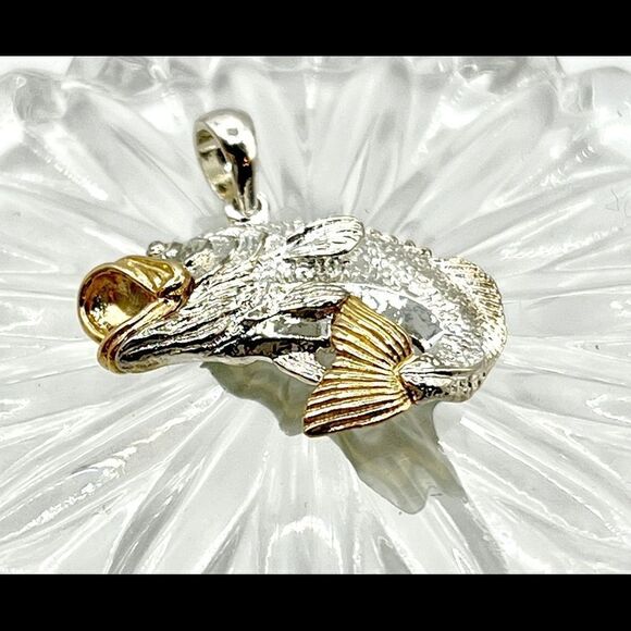 Sterling Silver Polished Jumping Bass with 14k Accents Pendant - Picture 6 of 11